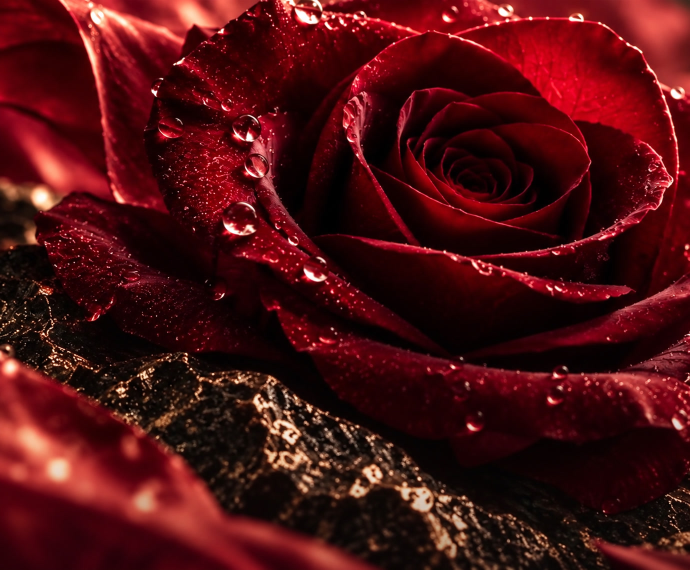 A deep red rose with dew on its petals