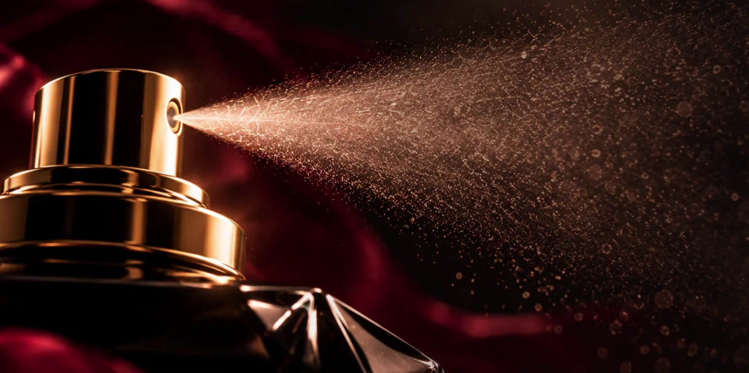 A golden perfume atomizer releasing a fine illuminated mist