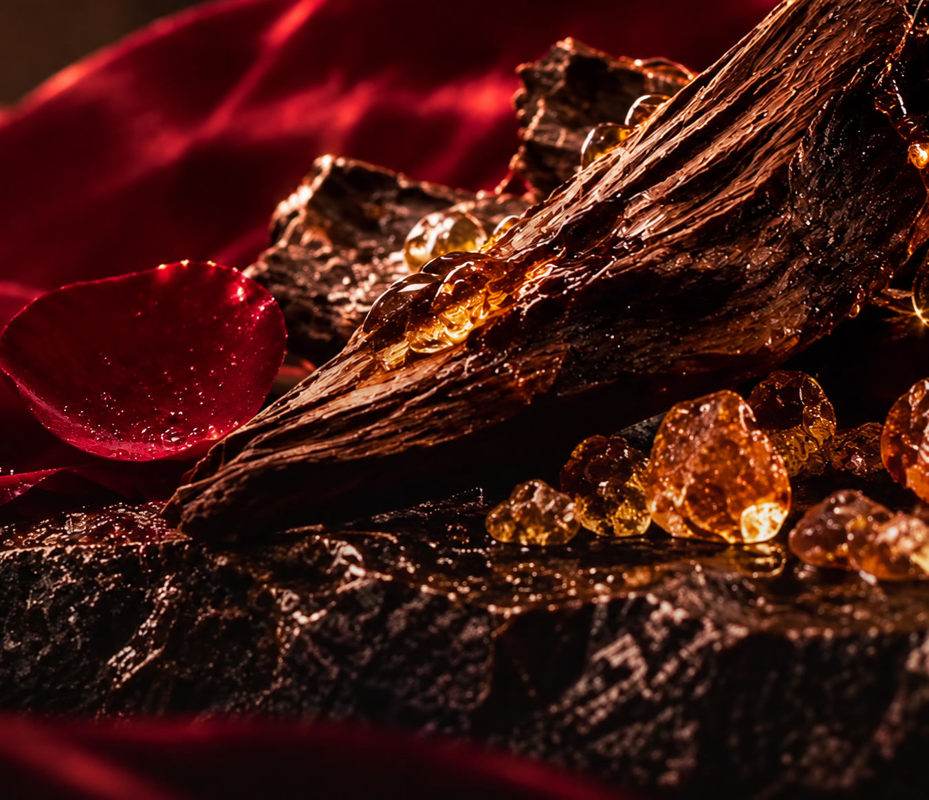 Dark wood and amber resin against burgundy silk